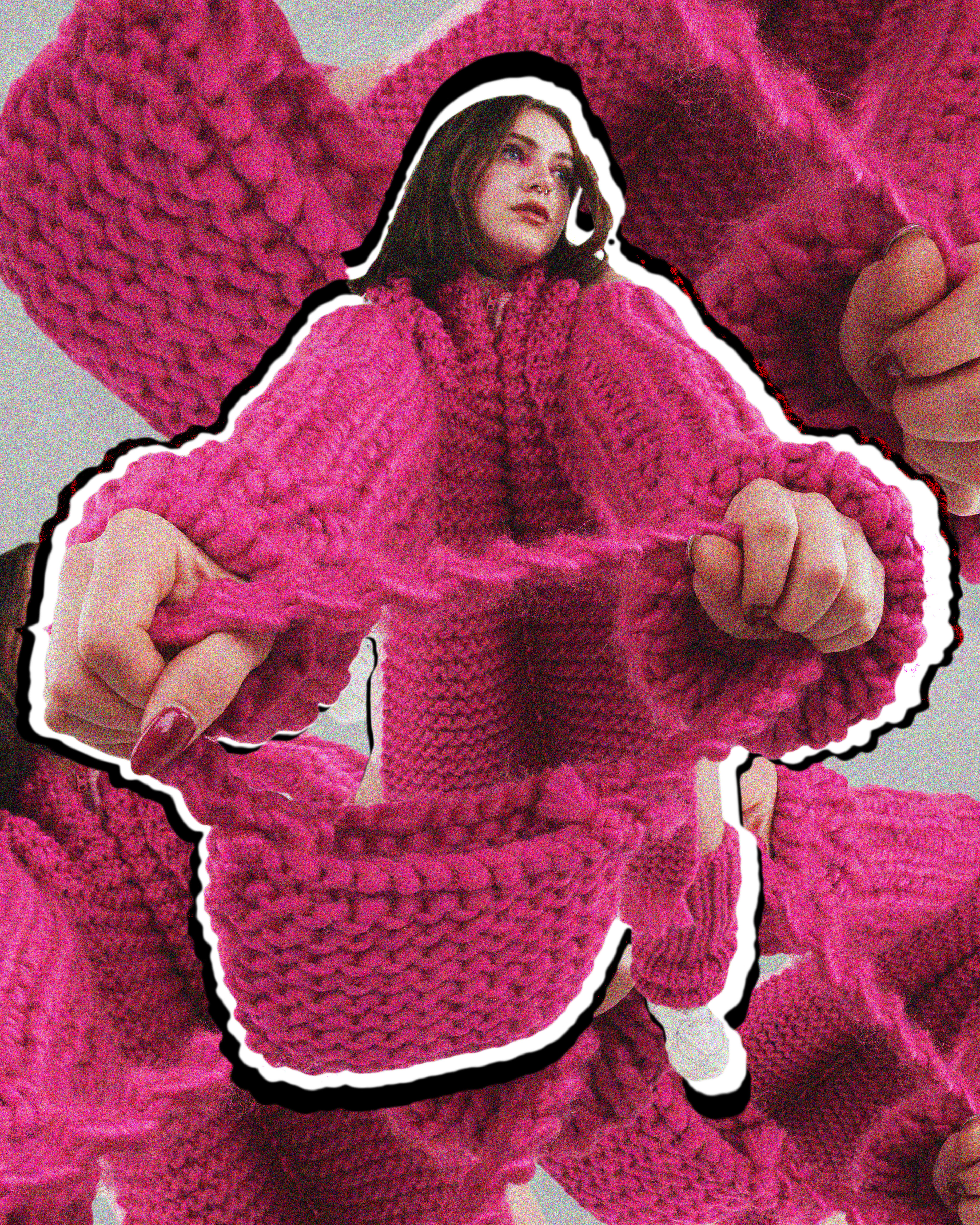 Inspired by childhood memories playing in the snow. Concepts of adolescence and winter, are used create a fun and warm aestetic. There are some items of clothing that seem off-limits to adults but acceptable for children, examples are: leg warmers, hand or arm warmers, and balaclavas. Megan Freeman includes such knitted accessories in her collection to create  the sense of nostalgia and childhood joy that can too often be forgoten.