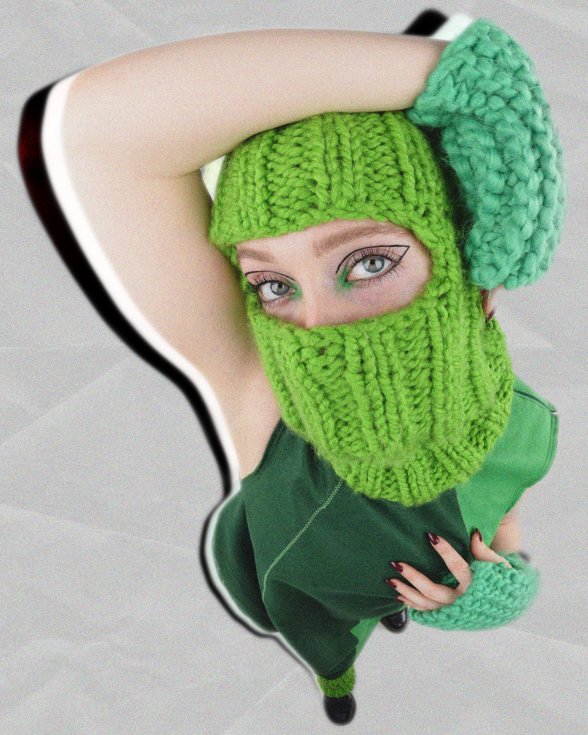 Inspired by childhood memories playing in the snow. Concepts of adolescence and winter, are used create a fun and warm aestetic. There are some items of clothing that seem off-limits to adults but acceptable for children, examples are: leg warmers, hand or arm warmers, and balaclavas. Megan Freeman includes such knitted accessories in her collection to create  the sense of nostalgia and childhood joy that can too often be forgoten.