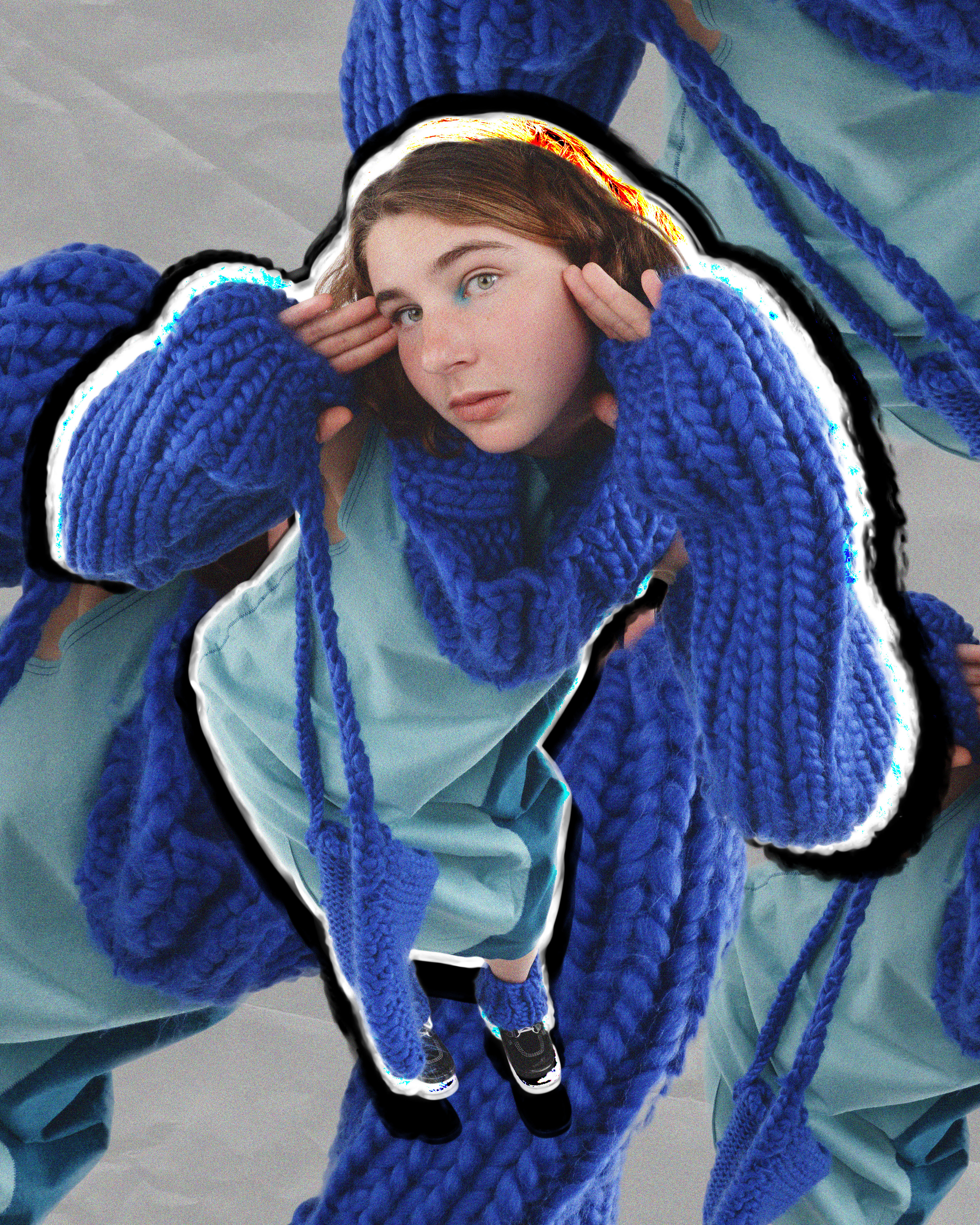 Inspired by childhood memories playing in the snow. Concepts of adolescence and winter, are used create a fun and warm aestetic. There are some items of clothing that seem off-limits to adults but acceptable for children, examples are: leg warmers, hand or arm warmers, and balaclavas. Megan Freeman includes such knitted accessories in her collection to create  the sense of nostalgia and childhood joy that can too often be forgoten.