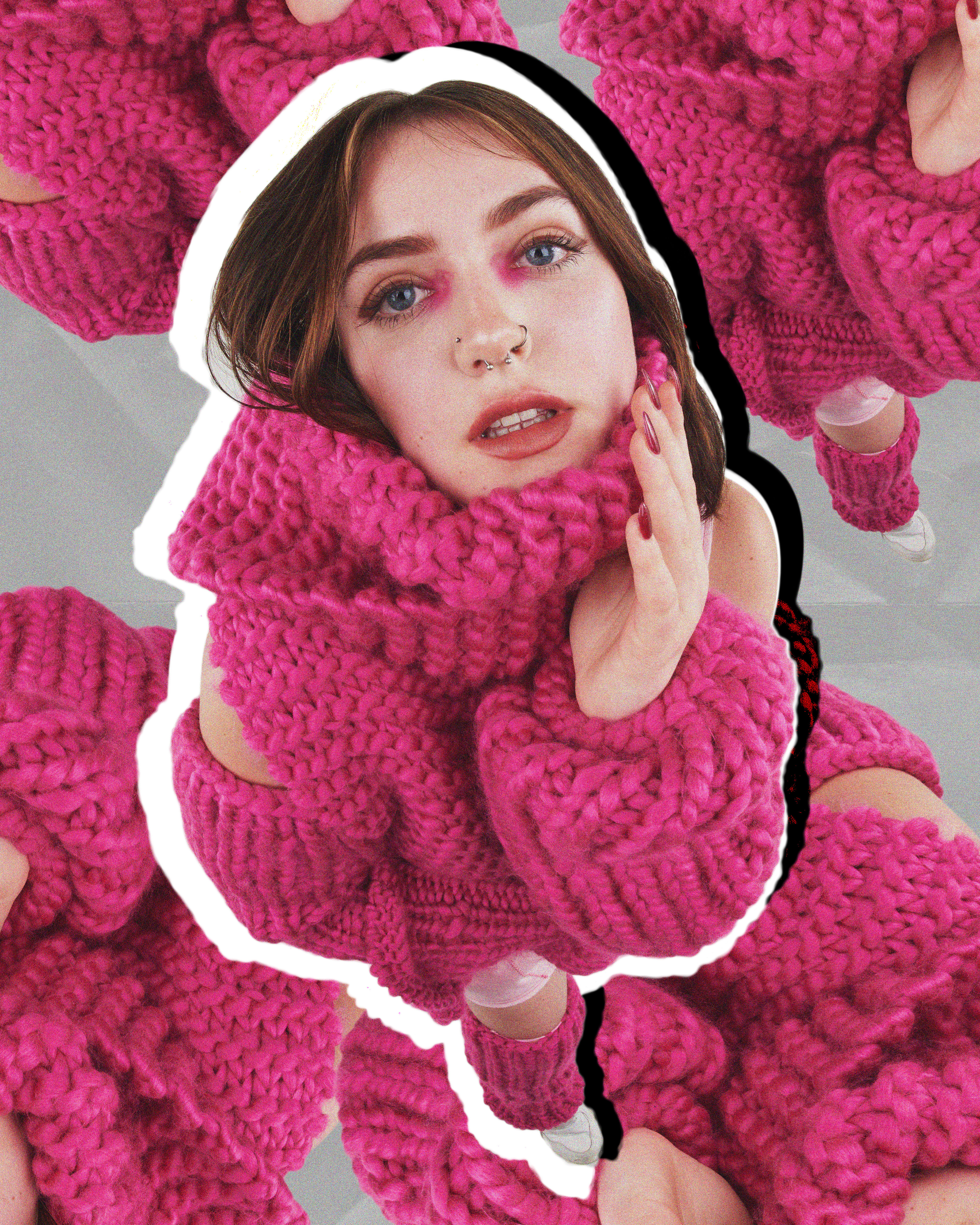 Inspired by childhood memories playing in the snow. Concepts of adolescence and winter, are used create a fun and warm aestetic. There are some items of clothing that seem off-limits to adults but acceptable for children, examples are: leg warmers, hand or arm warmers, and balaclavas. Megan Freeman includes such knitted accessories in her collection to create  the sense of nostalgia and childhood joy that can too often be forgoten.