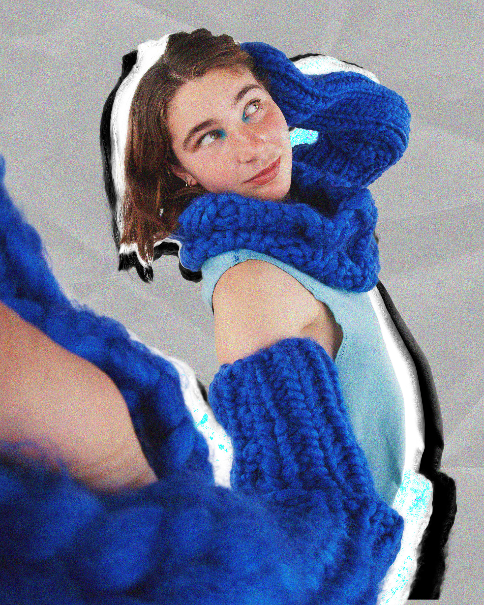 Inspired by childhood memories playing in the snow. Concepts of adolescence and winter, are used create a fun and warm aestetic. There are some items of clothing that seem off-limits to adults but acceptable for children, examples are: leg warmers, hand or arm warmers, and balaclavas. Megan Freeman includes such knitted accessories in her collection to create  the sense of nostalgia and childhood joy that can too often be forgoten.