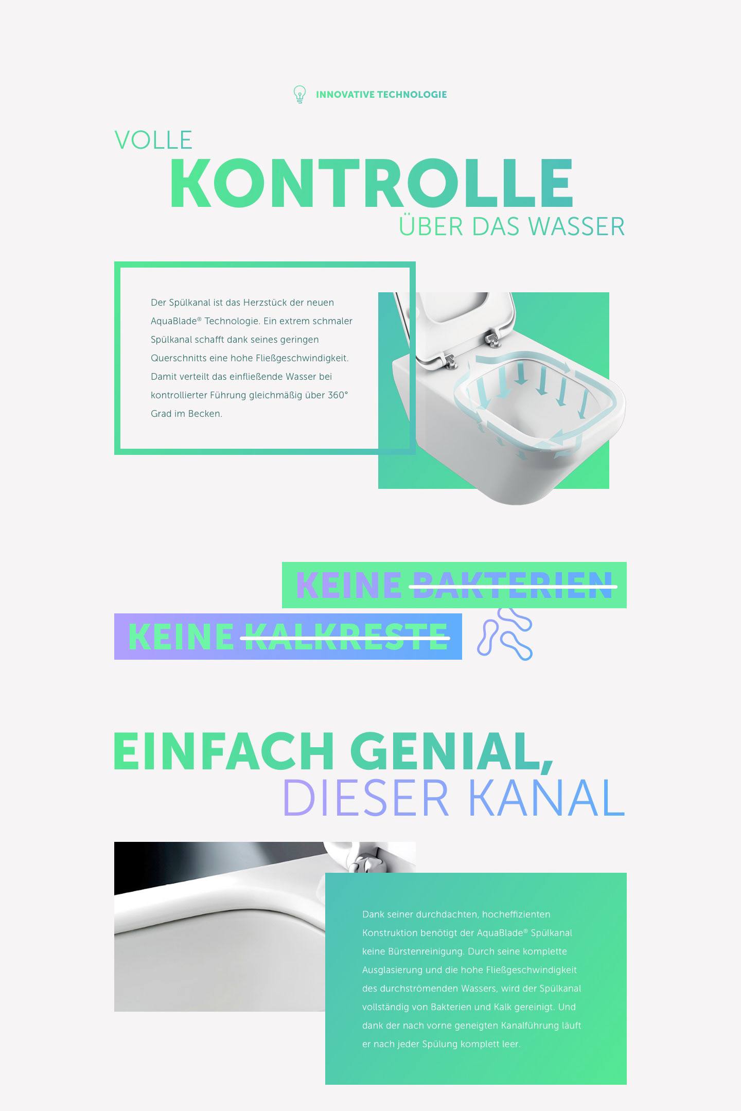 Desktopansicht. Thema Kontrolle über das Wasser auf der Aquablade Website.