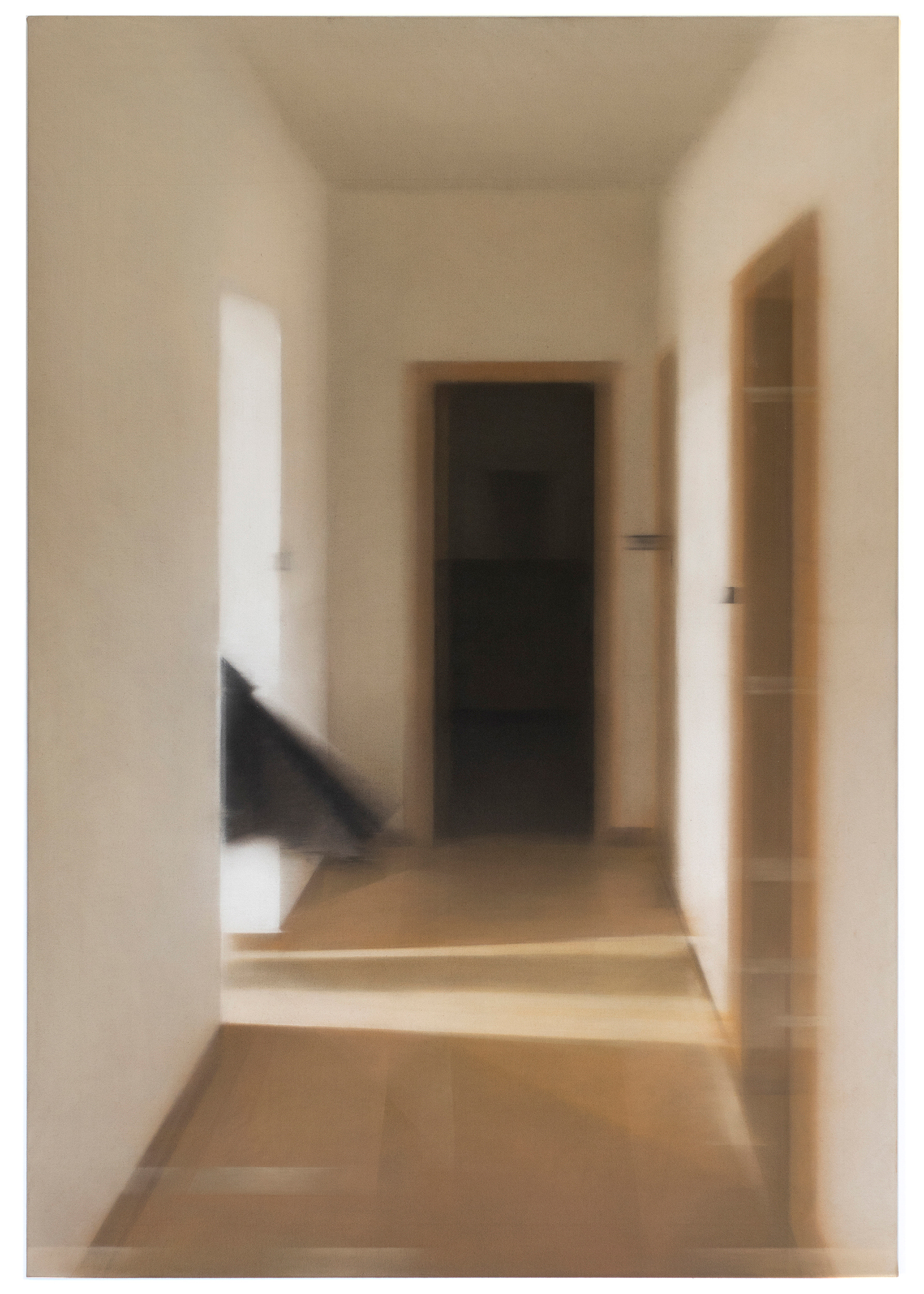 Empty house 2022 soft pastels on raw canvas, 130x90 cm. Mixed media contemporary painting by Anzhelika Lebedeva emerging female artist based in Italy. Abstract figurative art. Sand colors