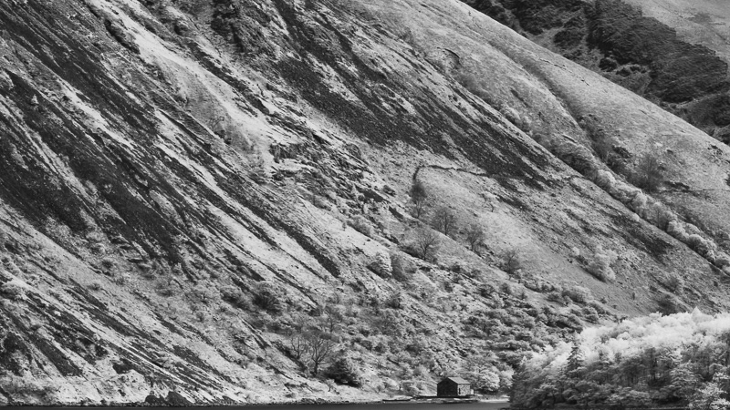 Black and White photo of the Scree and boat house on Wastwater in the Lake District.