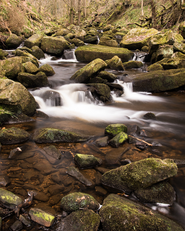 Smoothed water flowing amongst the rocks in Padley Gorge in the Peak District.