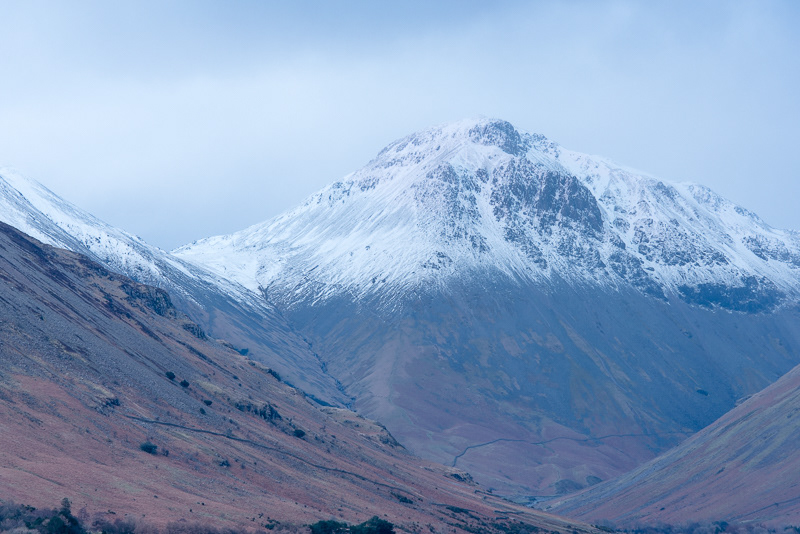 Snow on top of Great Gable above Wasdale in the Lake District.