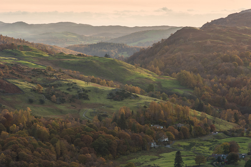 Autumn colours brought out by the setting sun on the fells viewed from Loughrigg Fell in the Lake District.