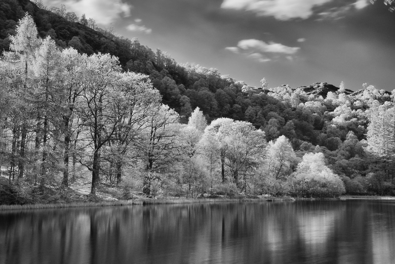 A Black and white image of the Yew Tree Tarn in the Lake District.