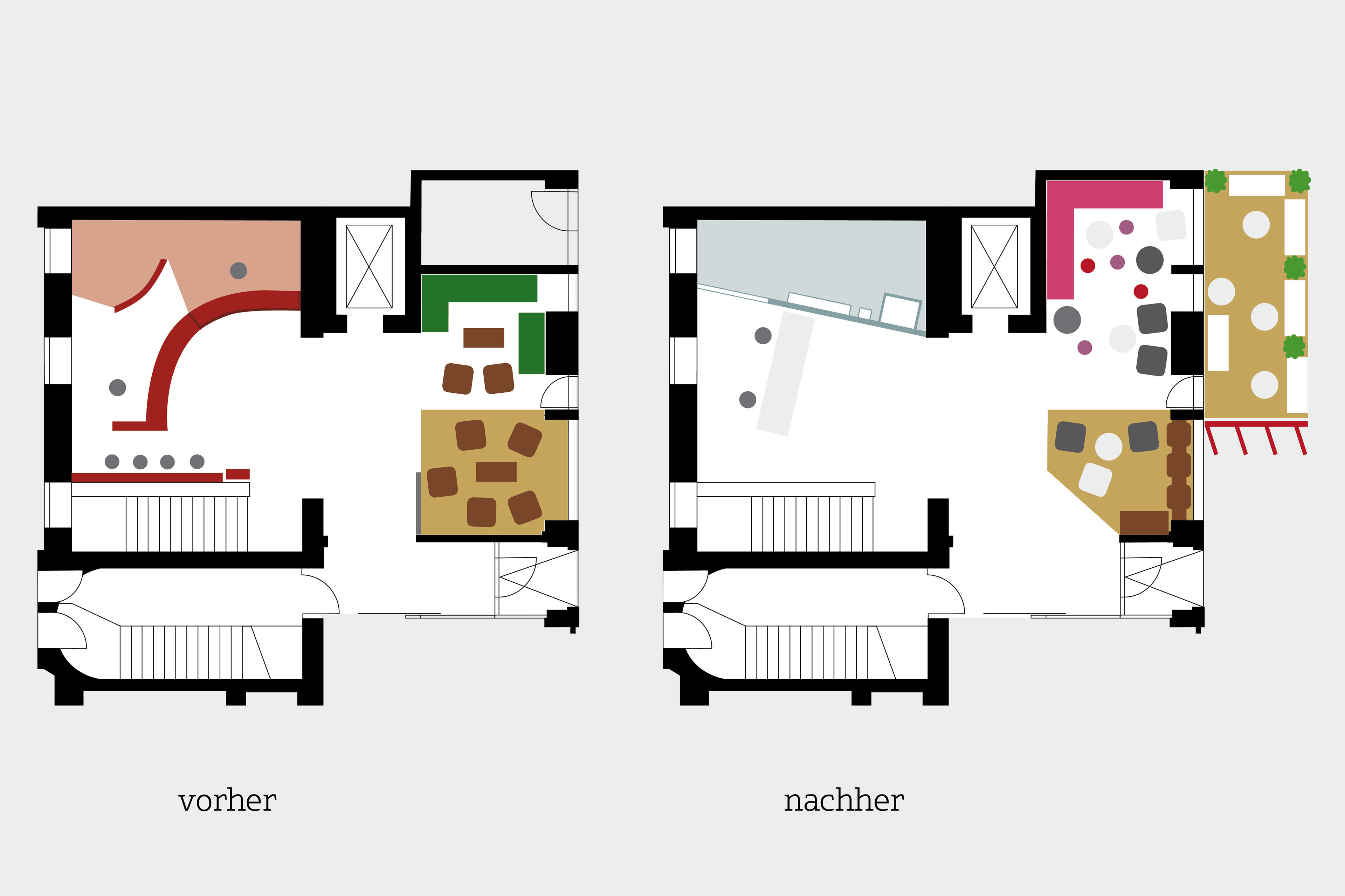 Geöffnete Eingangssituation mit Sichtachse zum Empfang, strukturiertere und offenere Rezeption, Vergrößerung der Lobby…