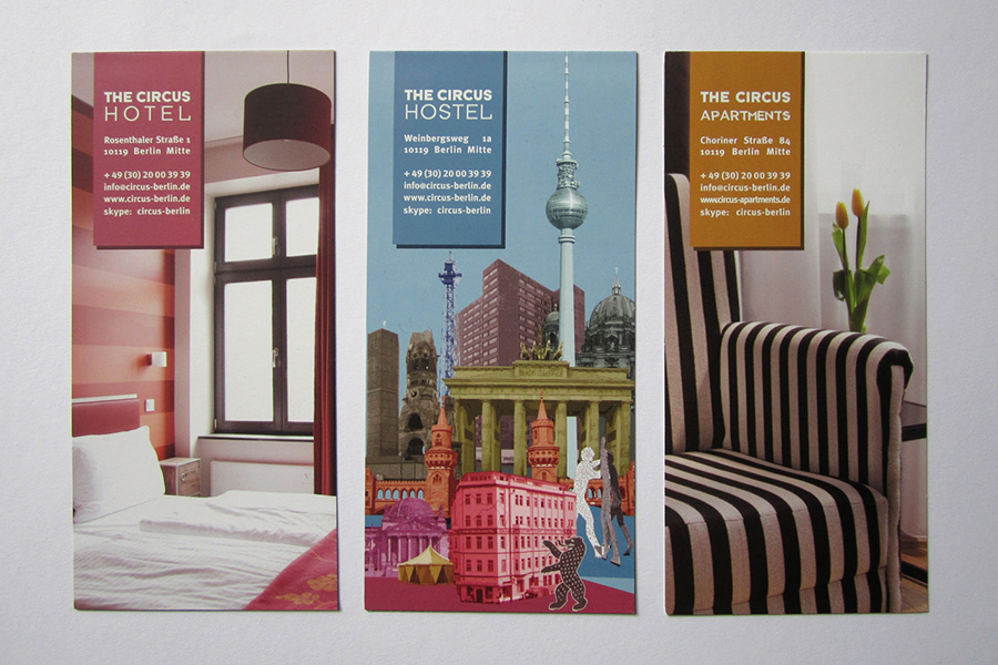 Flyer für die drei Circus-Häuser: Hotel, Hostel und Apartments