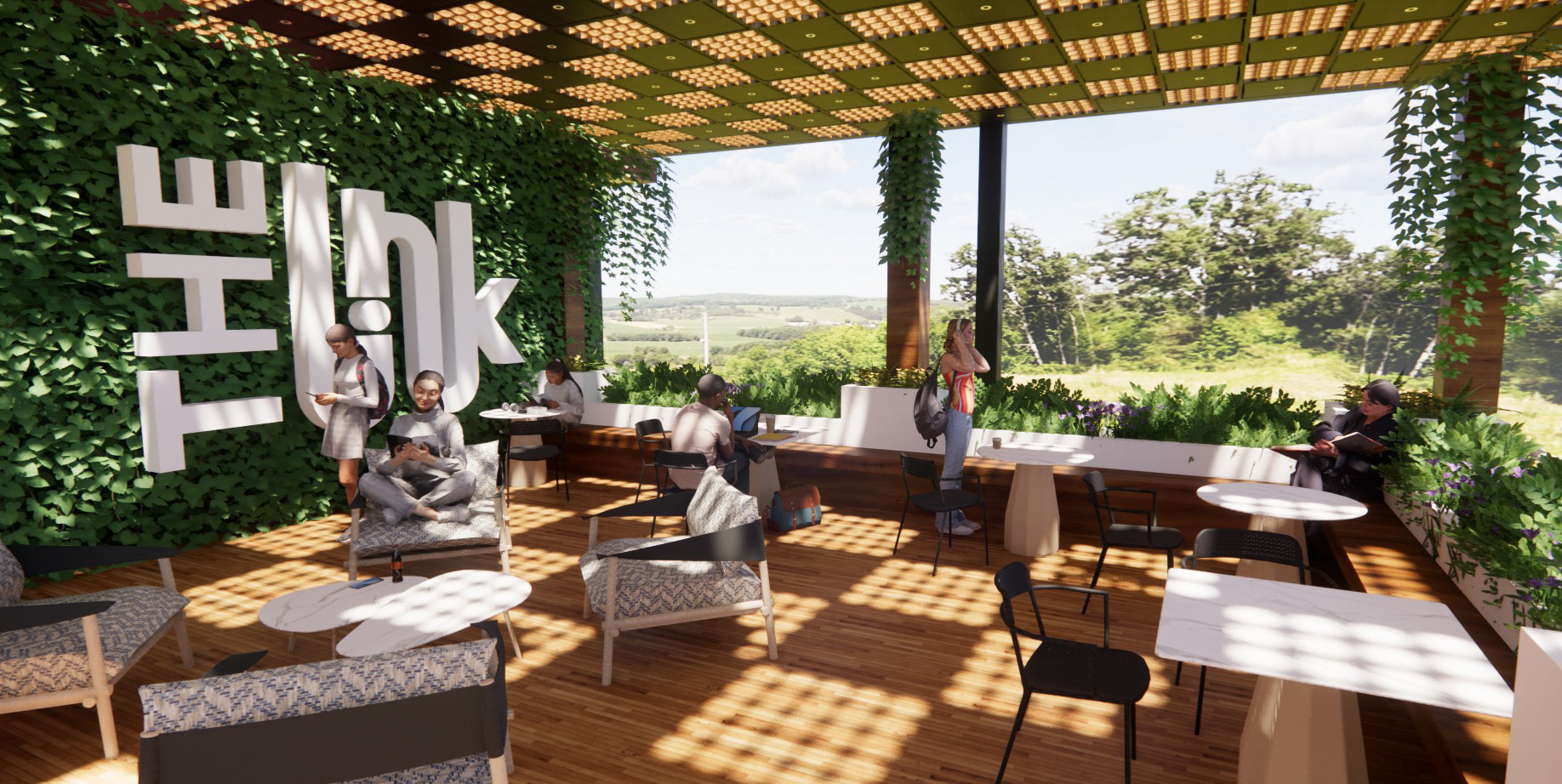 Outdoor Lounge Area (Made with Revit and Enscape, Rendering made by Rebecca Simon, Shading Detail by Sommer Nguyen)