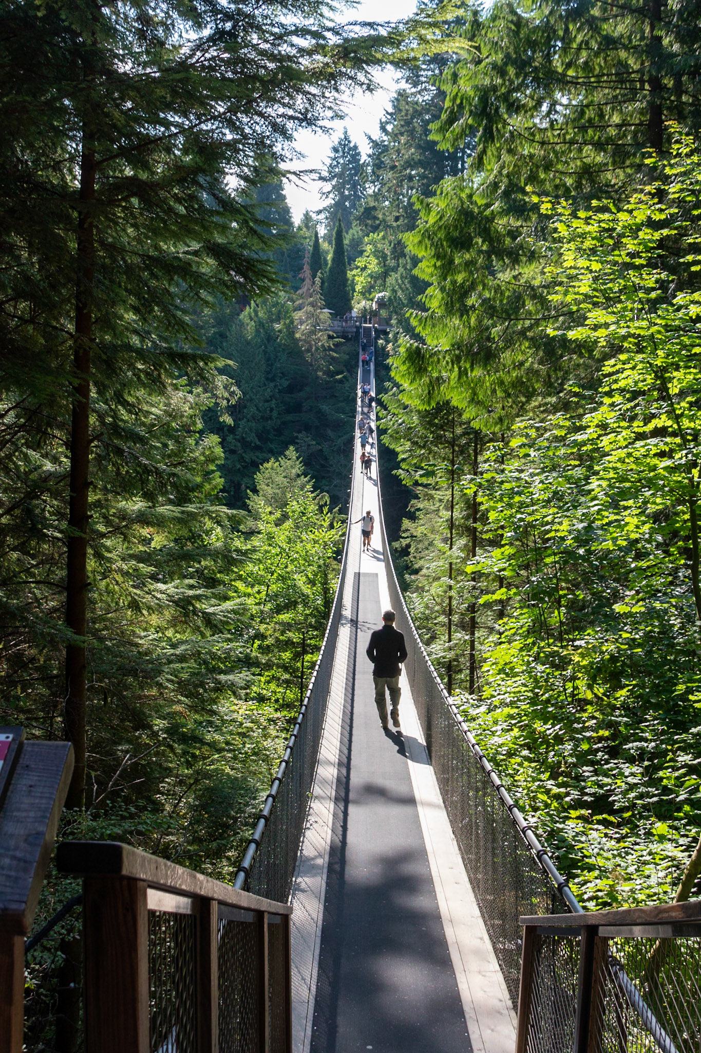 Looking back after crossing the Capillano suspension bridge. Originally built in 1889, Capilano Suspension Bridge stretches 450 feet (137m) across and 230 feet (70m) above Capilano River.