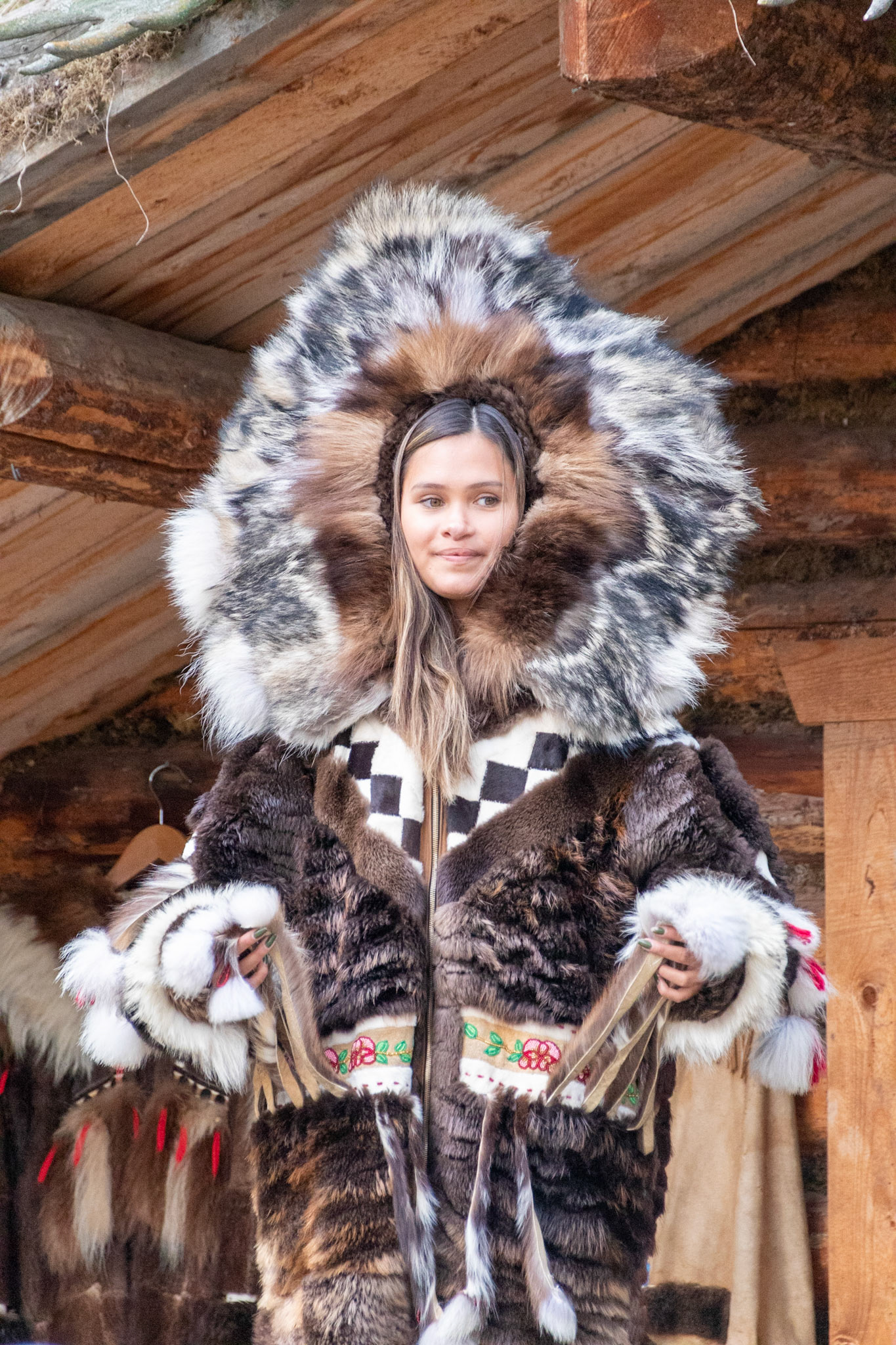 Traditional Chena winter garmet with the hood up. Aparently valued at over $30,000