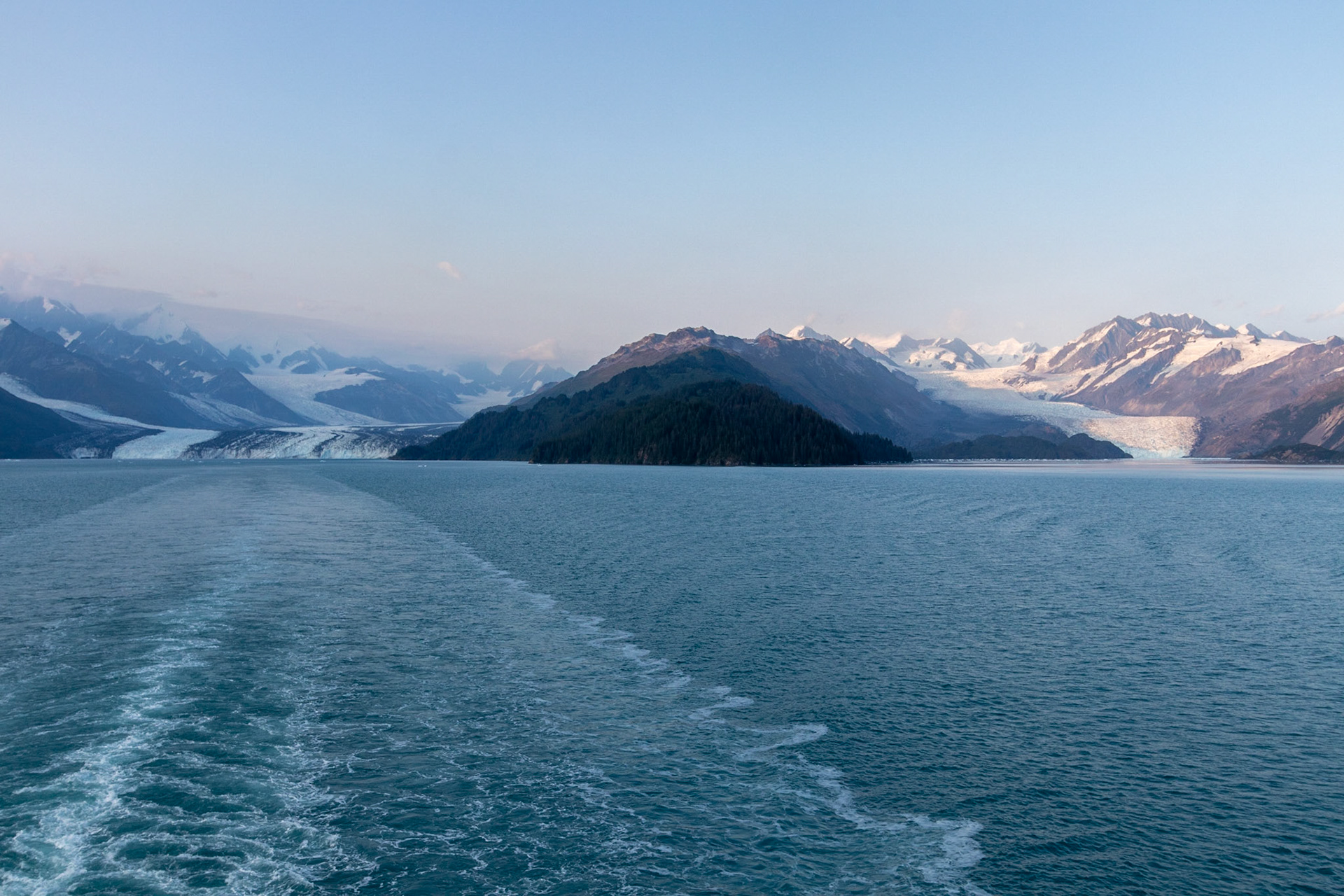 Wide view of the Harvard and Yale glaciers as we sailed out of College Fjord.