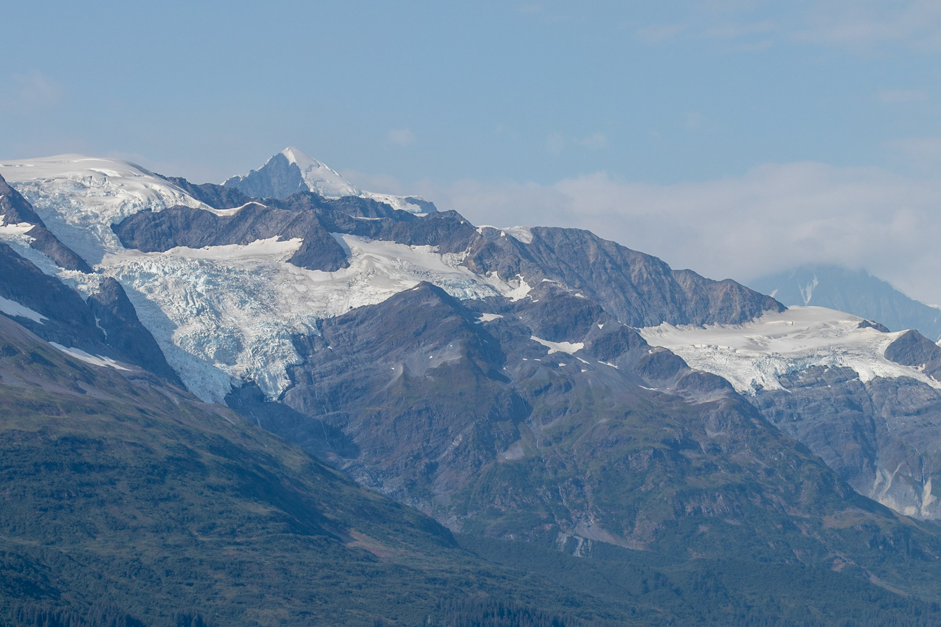 Views of various distant glaciers in College Fjord