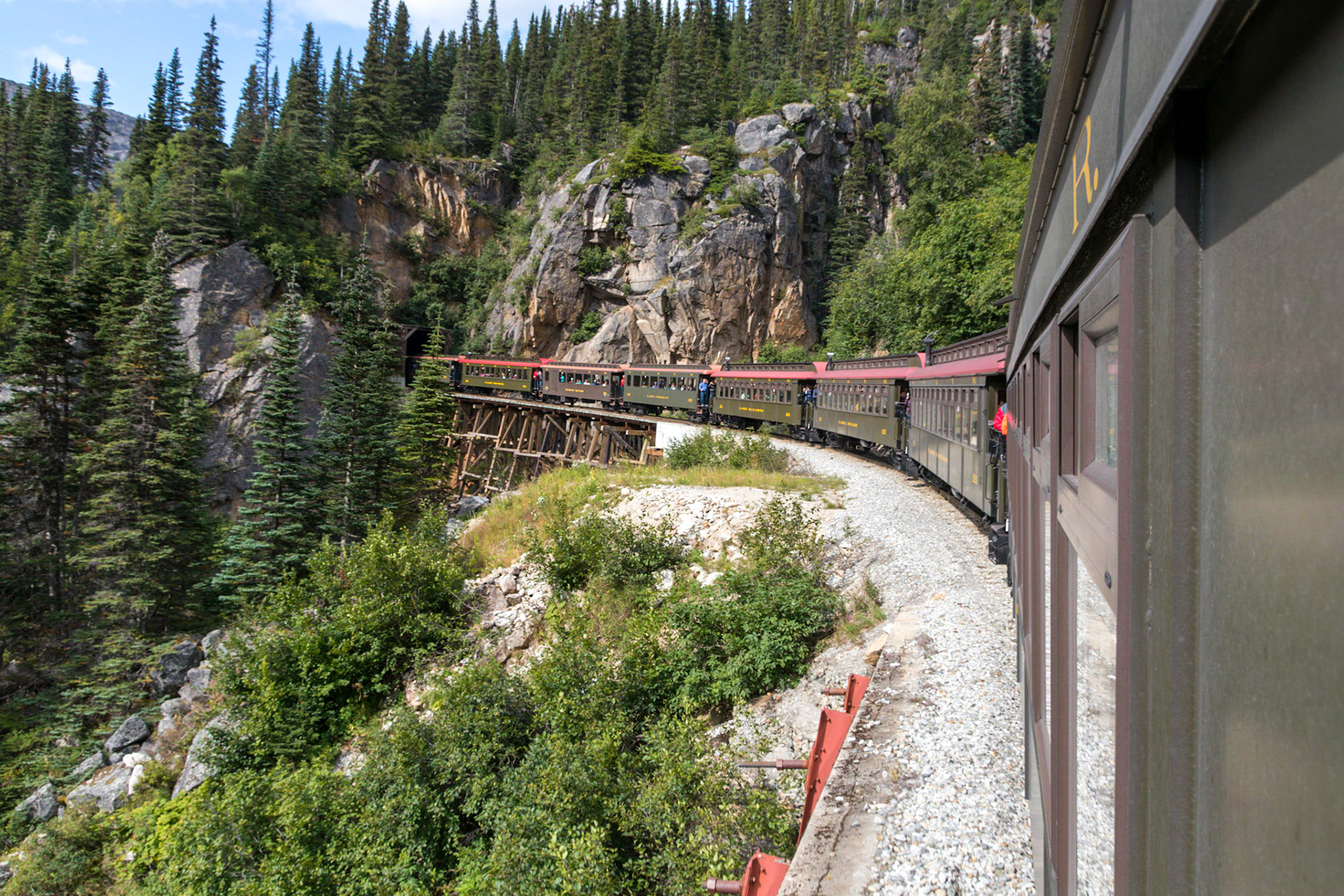View backwards of the White Pass Railway as we exit the first tunnel on the way up to White Pass.