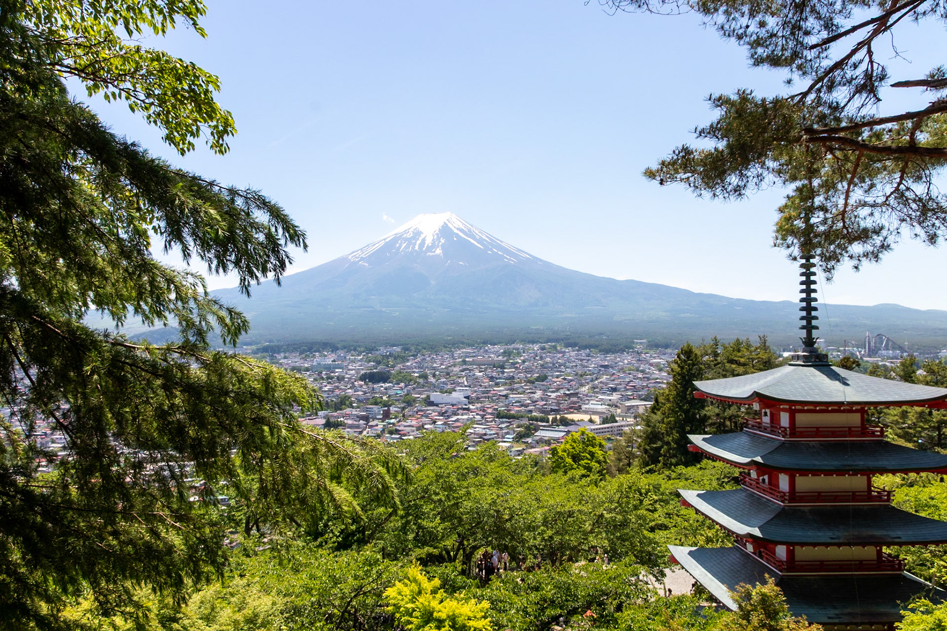 Mt. Fuji as seen from the Shiogama Shrine with the pagoda in the foreground.