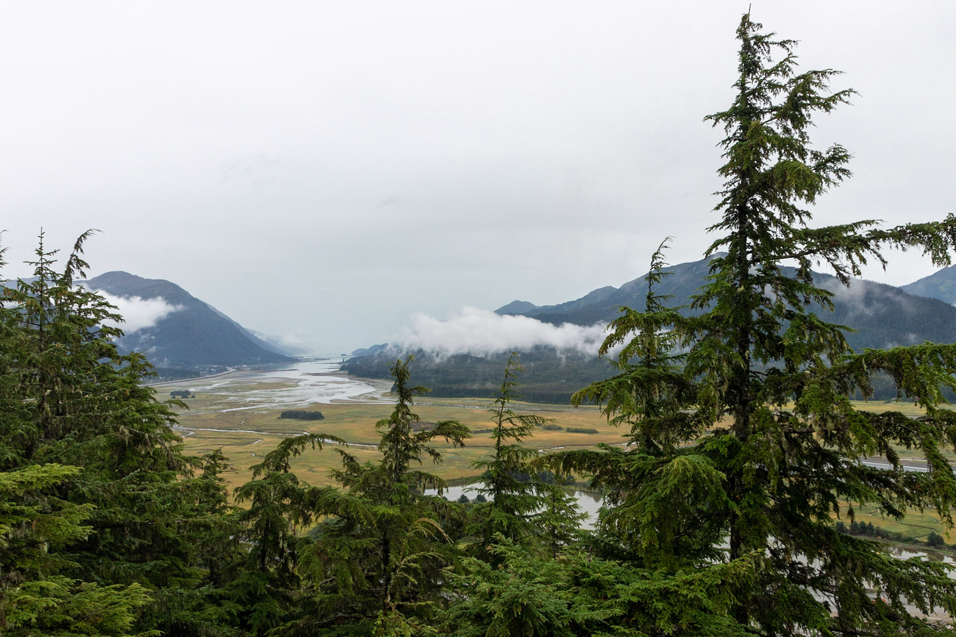a view of the Juneau Valley from the peak of the Glacier gardens Park.