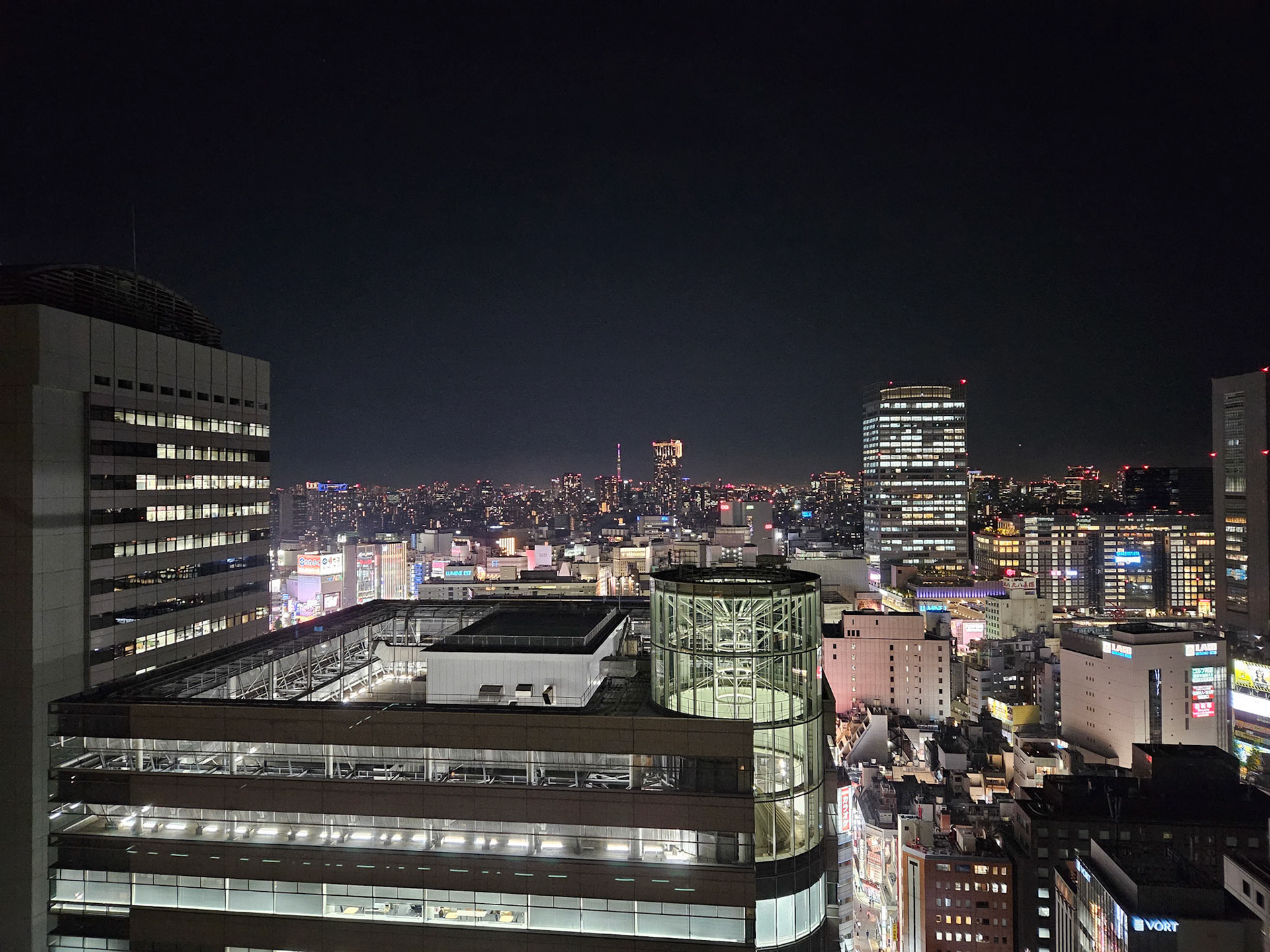 Night view out the window of the Keio Plaza Hotel in Tokyo.