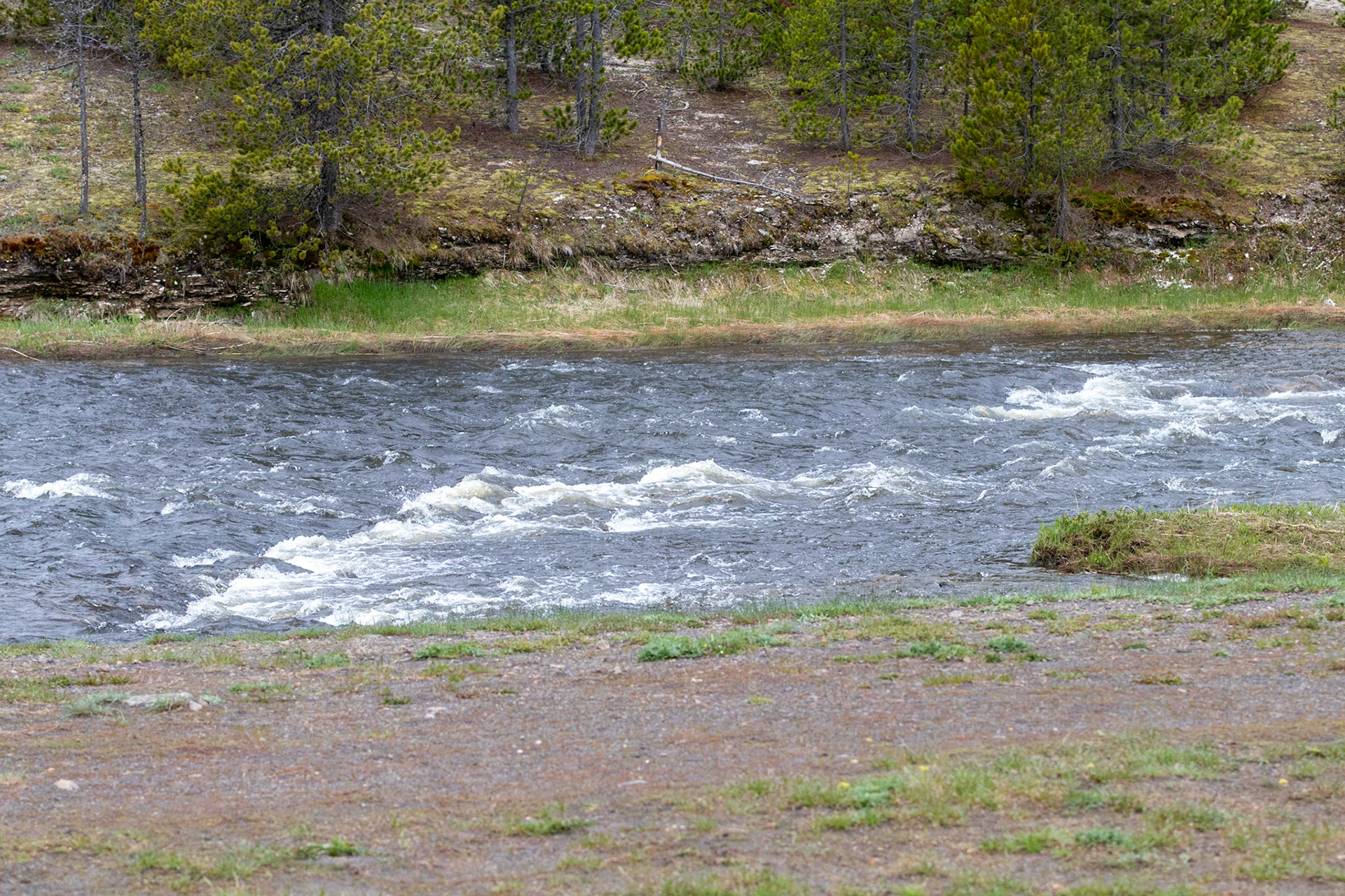 The Firehole River next to the entrance to the Grand Prismatic Spring
