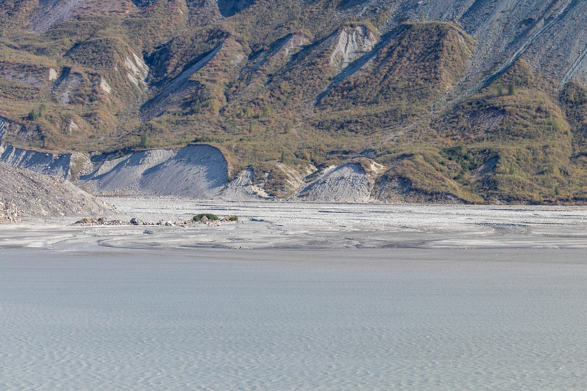 Outflow from the Grand Pacific glacier's upstream melt and streams running into the bay, this outflow is full of silt.