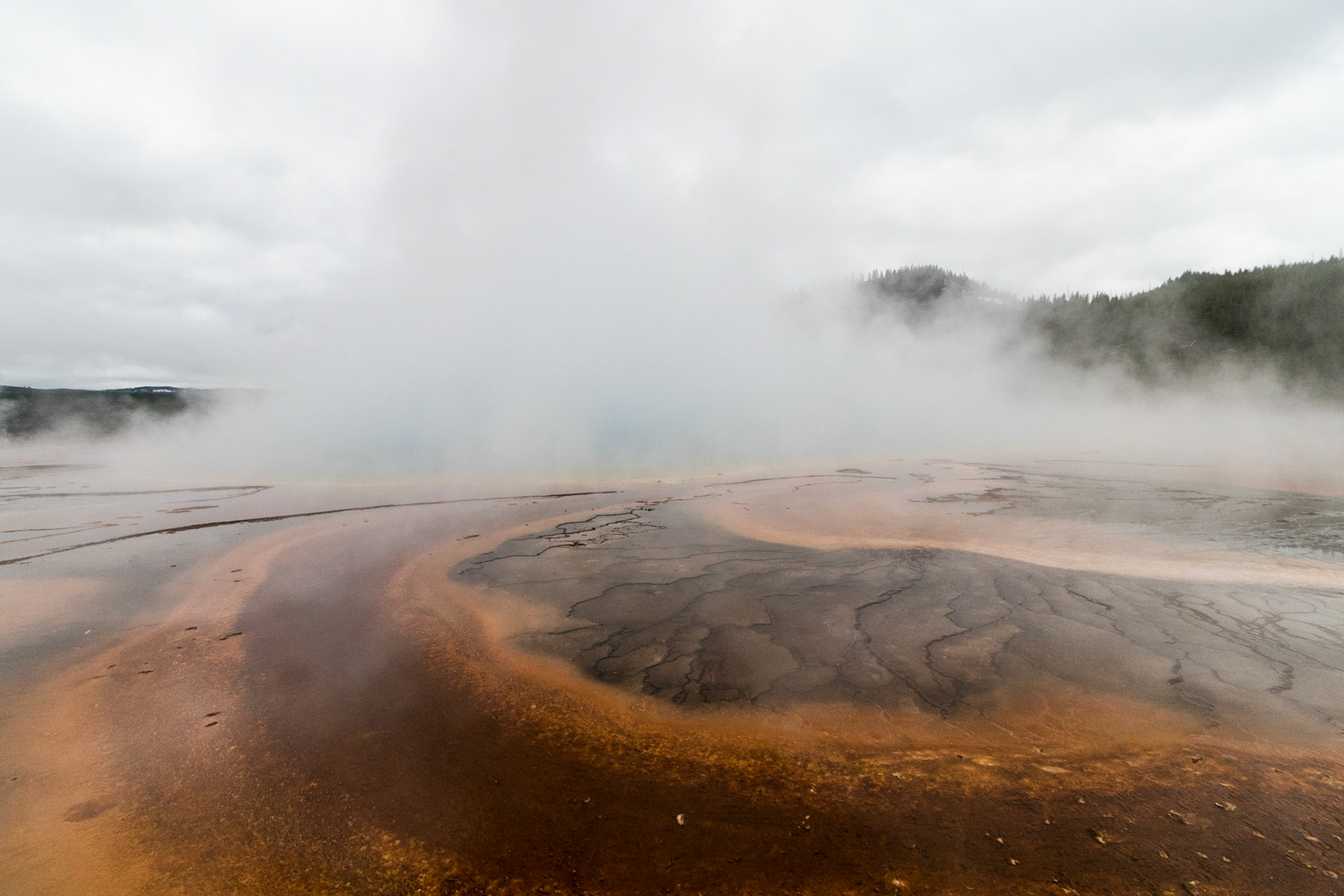 The grand prismatic springs stunning colors are difficult to see from ground level, but creates amazing deposits around it