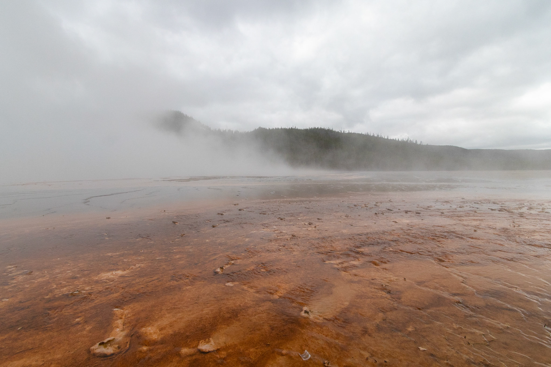 The Grand Prismatic spring's amazing colors are difficult to see through the steam from ground level.
