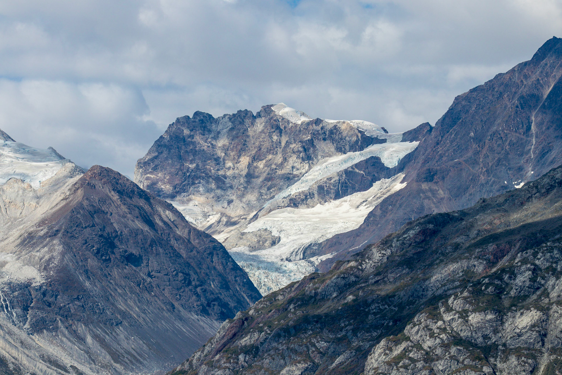 View of the distant John Hopkins Tidal Glacier's seen in Glacier Bay National Park.