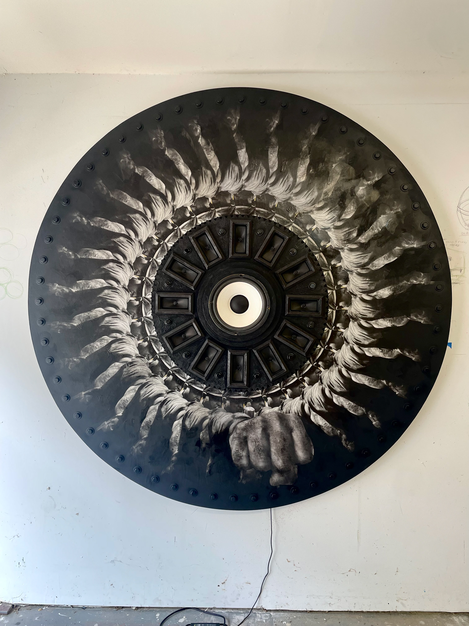 CYPHER: BRIND DA NOISE! / 72" IN DIAMETER / Wood, Mixed Media, Functioning Speakers, Steel Bolts