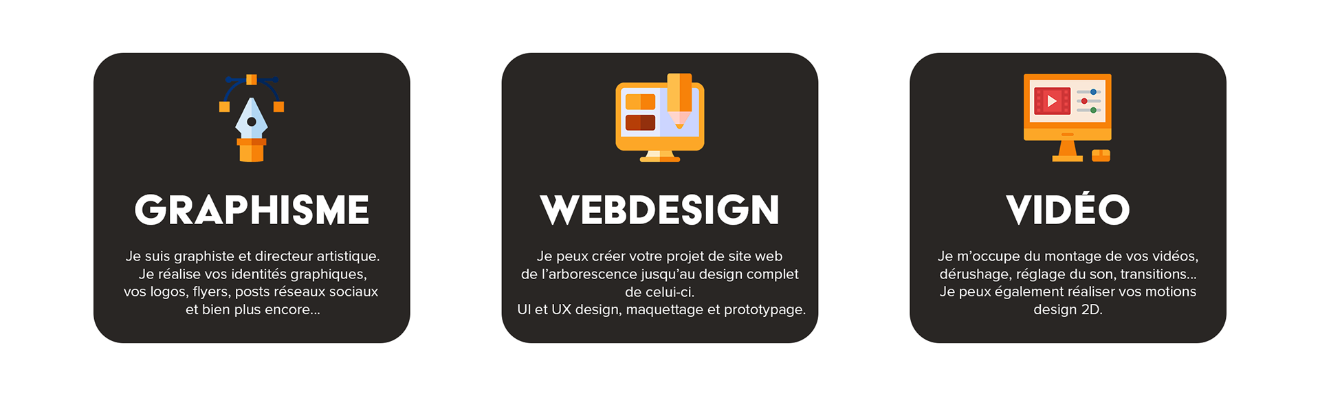 Je suis graphiste et directeur artistique. Je réalise vos identités graphiques, vos logos, flyers, posts réseaux sociaux et bien plus encore... Je peux créer votre projet de site web de l’arborescence jusqu’au design complet de celui-ci. UI et UX design, maquettage et prototypage. Je m’occupe du montage de vos vidéos, dérushage, réglage du son, transitions... Je peux également réaliser vos motions design 2D.