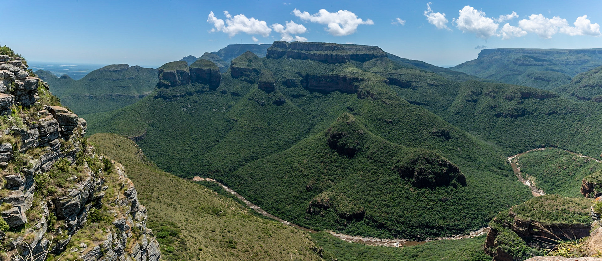 View over Blyde Canyon near Hoedspruit in South Africa with view over Three Roundavels