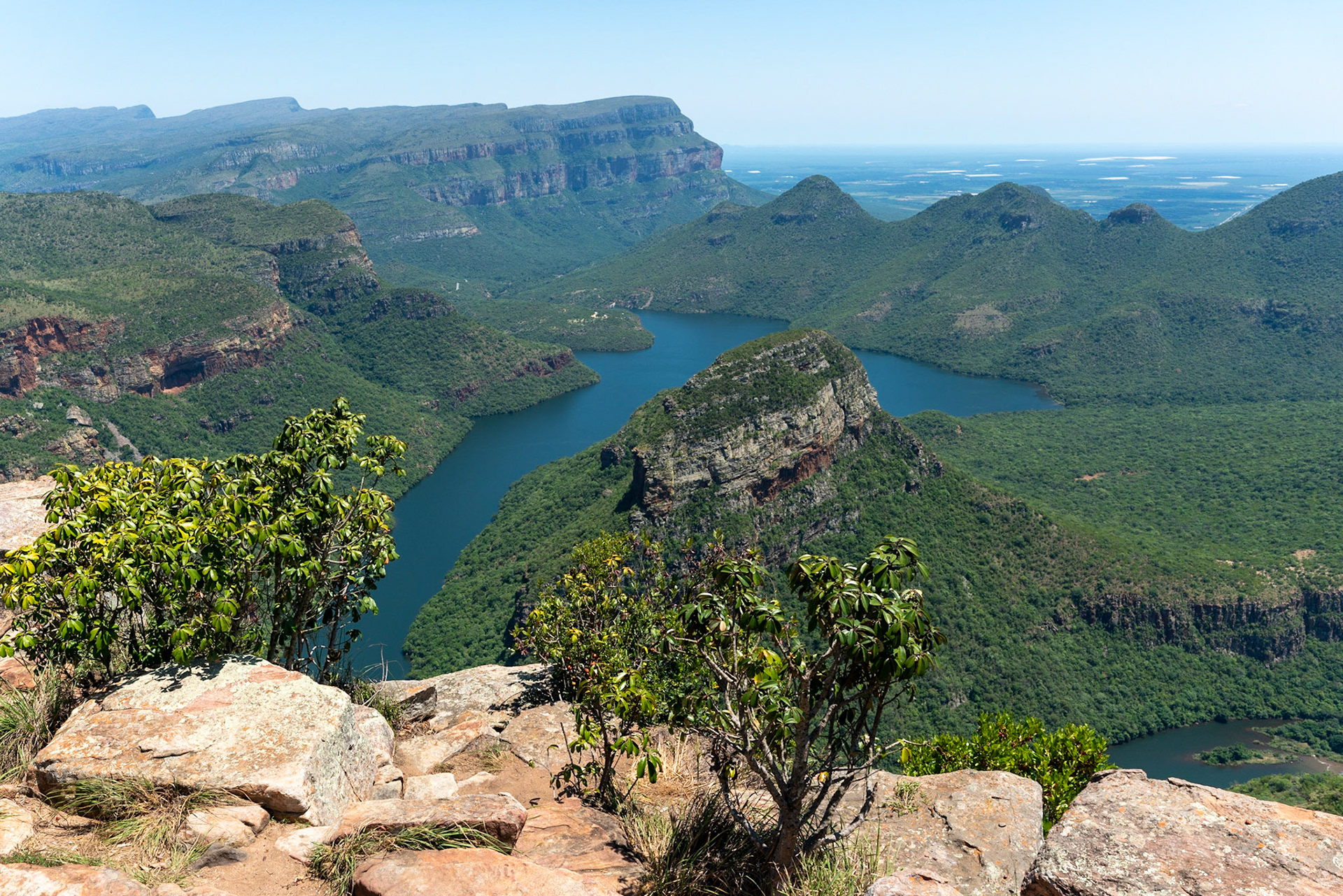 View over Blyde Canyon near Hoedspruit in South Africa with view over Three Roundavels