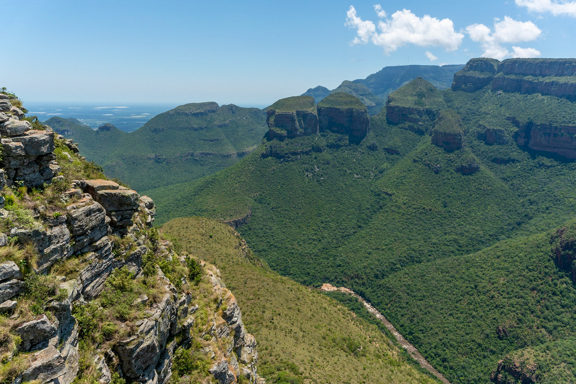 View over Blyde Canyon near Hoedspruit in South Africa with view over Three Roundavels