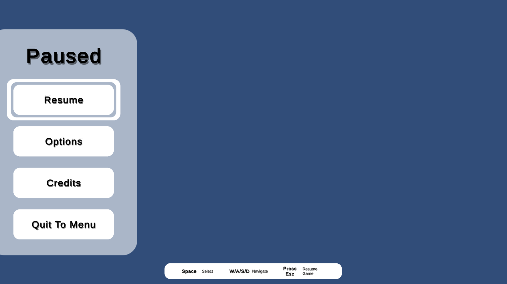 Screenshot of the pause menu within the Menu Template made by Tiger Collins
