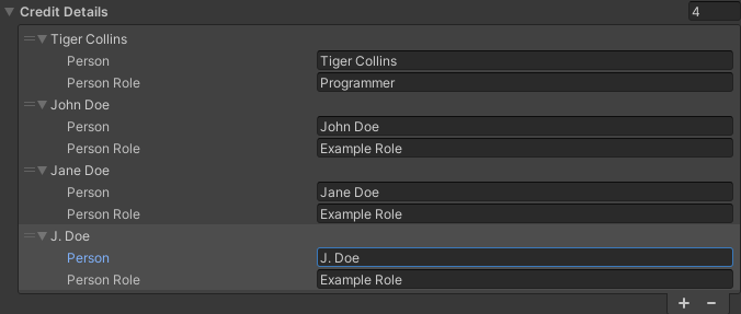 Screenshot from with the Unity Inspector of credits that will be instantiated at runtime