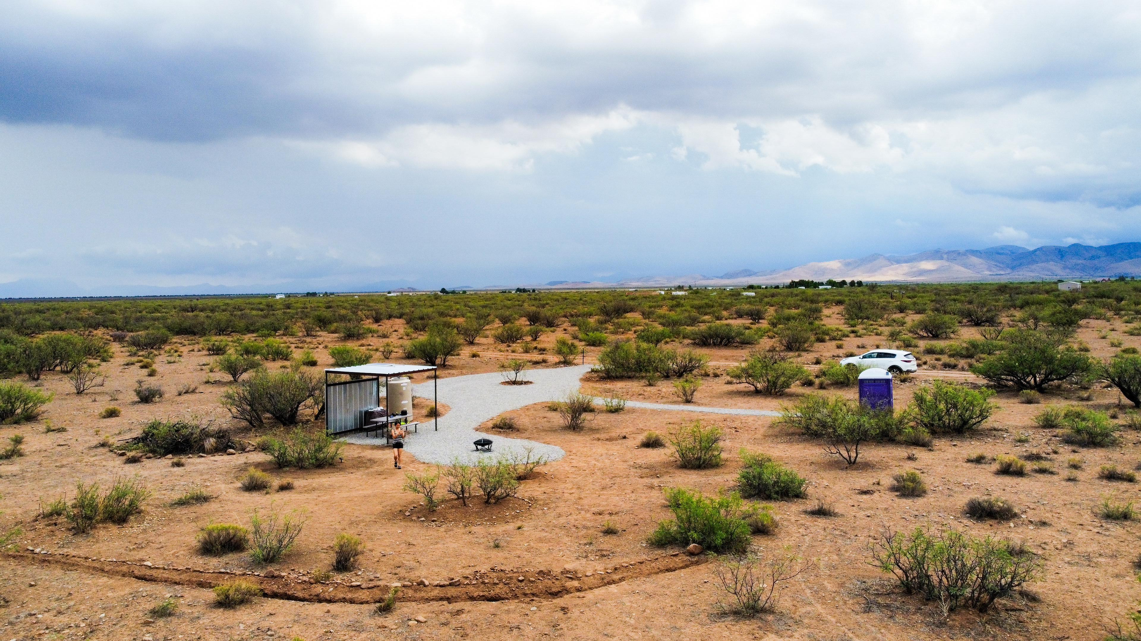 East view of the campground with a backdrop of the Chiricahua Mountains