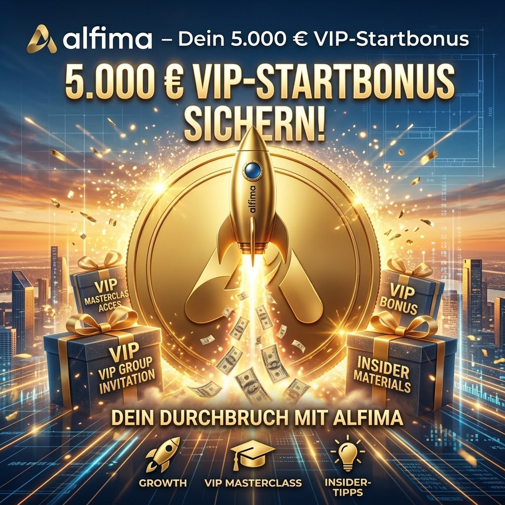 Dein unfairen Wettbewerbsvorteil! Eine massive, goldene Münze steht im Zentrum der Startrampe. Die alfima-Rakete hebt direkt dahinter ab, mit einem Trail aus Geldscheinen, während fliegende Bonuspakete den immensen Wert symbolisieren. Sichere dir exklusiv über unseren Link den 5.000 € VIP-Startbonus (inklusive Masterclass, VIP-Gruppe und Insider-Templates) und starte deinen Durchbruch!