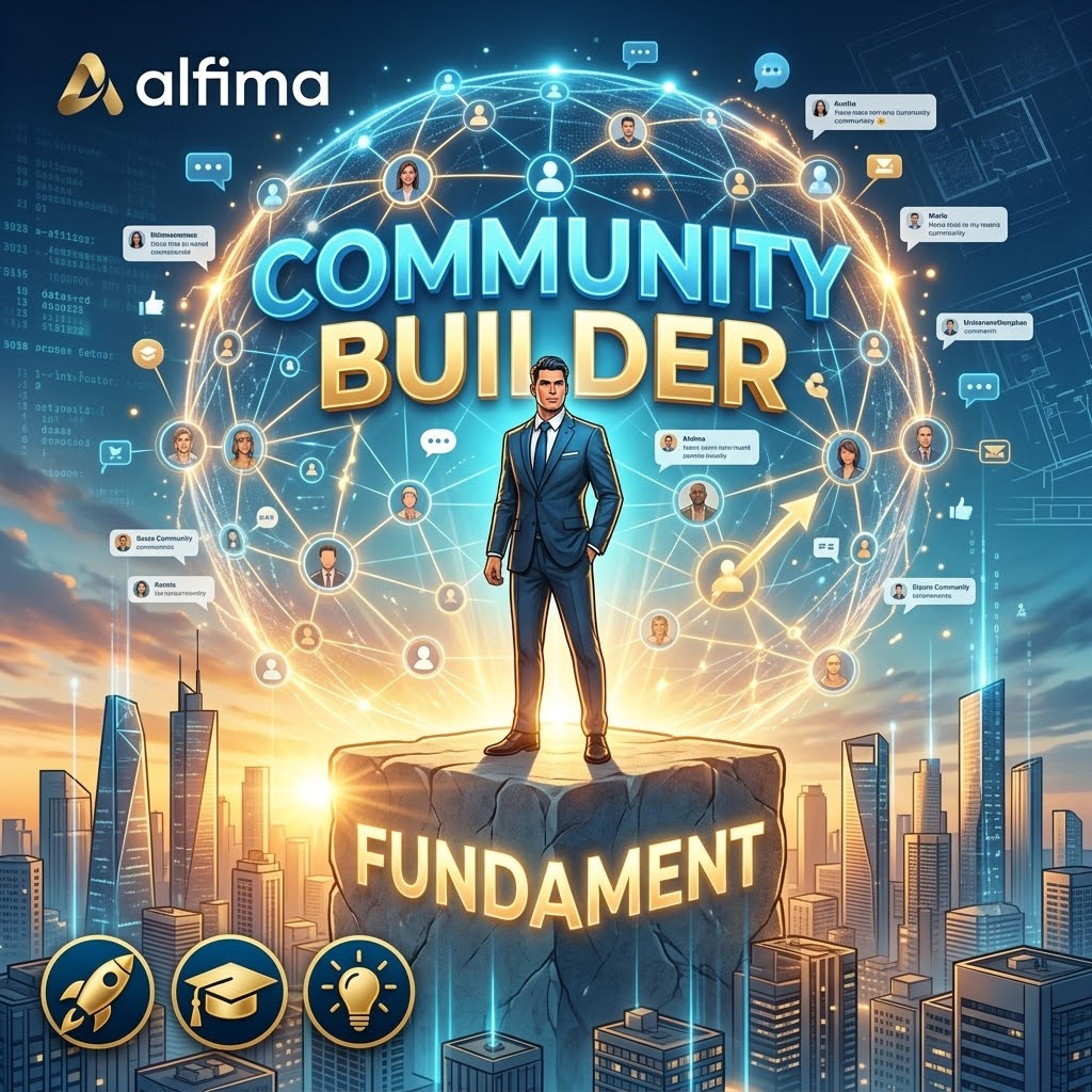 Dein starkes Fundament für loyale Kunden! Ein motivierter Geschäftsmann steht fest auf einem massiven, beleuchteten Steinblock ("FUNDAMENT") und erschafft durch alfima eine lebendige, interagierende und wachsende Community. Die leuchtende Kugel symbolisiert den mächtigen Community Builder, der echtes Engagement fördert und deine Vision auf ein stabiles Gerüst stellt.