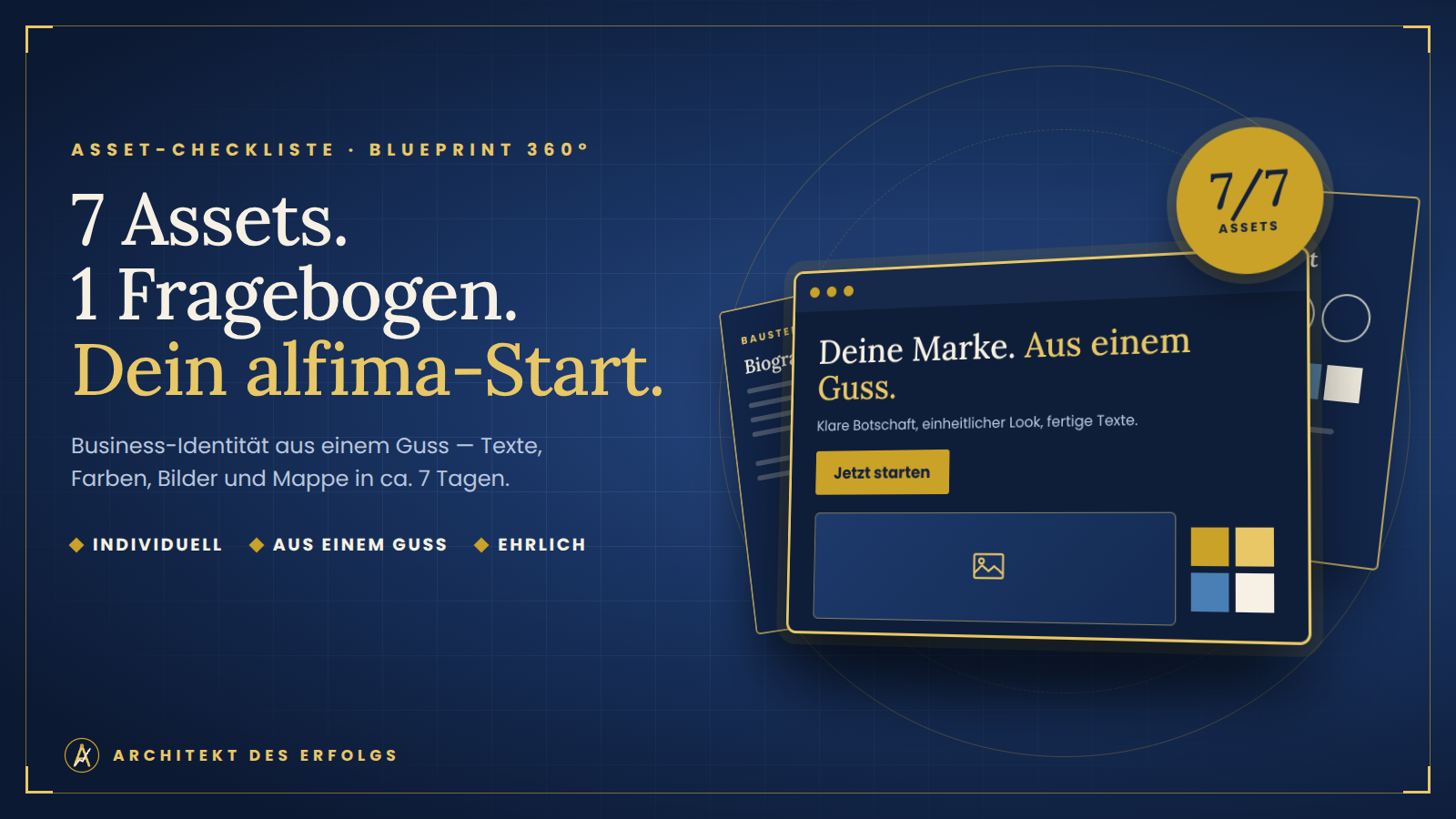 „7 Assets. 1 Fragebogen. Dein alfima-Start." Rechts steht ein räumlich gestaffeltes Browser-Fenster mit Dokumenten dahinter und einem „7/7 Assets"-Siegel.