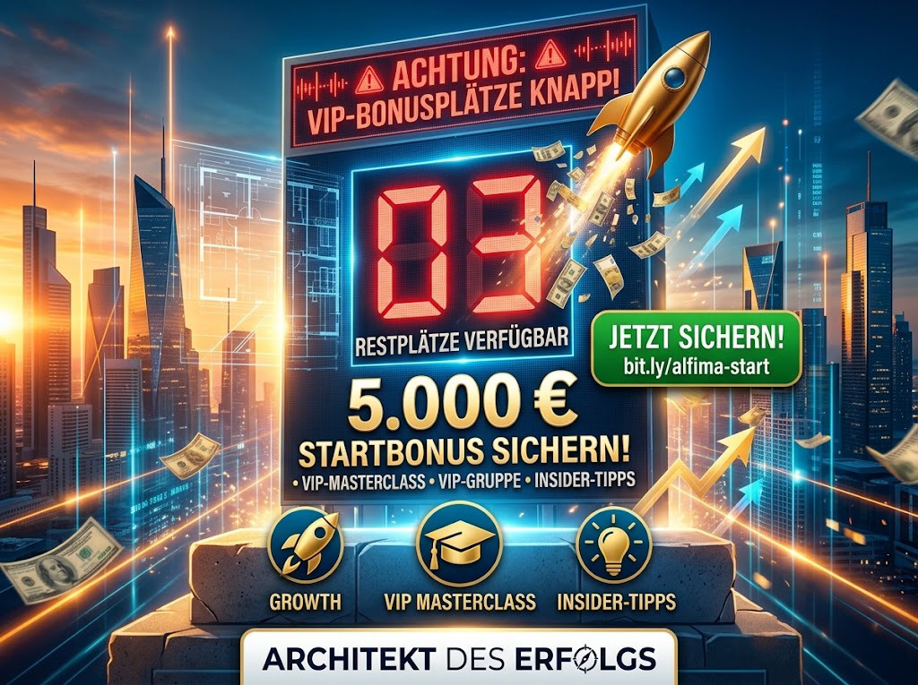 Plakative Werbegrafik von Architekt des Erfolgs vor einer leuchtenden Skyline. Ein rotes Display warnt: „ACHTUNG: VIP-BONUSPLÄTZE KNAPP!“. Eine goldene Rakete startet neben dem großen Text „5.000 € STARTBONUS SICHERN!“. Auf einem steinernen Fundament stehen Icons für VIP-Masterclass und Insider-Tipps sowie der Link bit.ly/alfima-start.