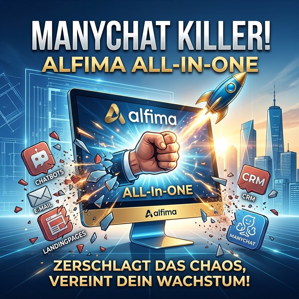 Schluss mit dem Software-Chaos! Dieses plakative Bild visualisiert, wie das alfima All-In-One Tool als mächtiger "ManyChat Killer" veraltete, fragmentierte Insel-Lösungen zerschlägt. Ein zentrales Steuerelement vereint Chatbots, E-Mail-Marketing, Landingpages und CRM unter einem Dach, während die alfima-Rakete durch eine saubere, digitale Skyline zum Erfolg startet.