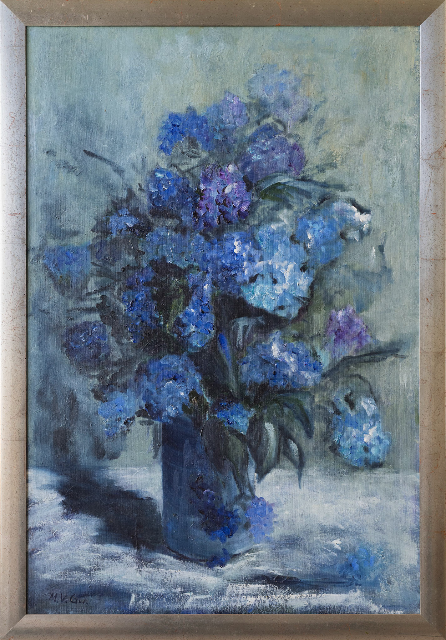 123 M. V. Guggisberg - Blaue Blumen in Vase, 700 CHF