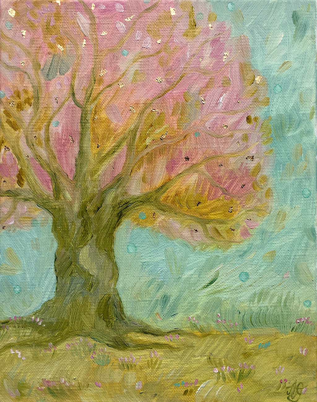 huile et feuille dorée sur toile - Vendu