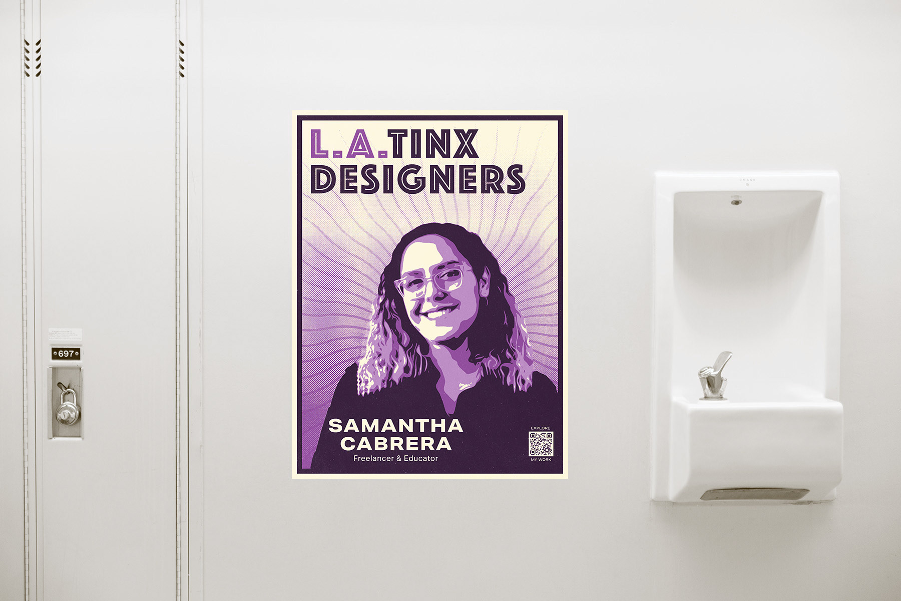 L.A.Tinx Designers poster on the wall of a high school hallway.