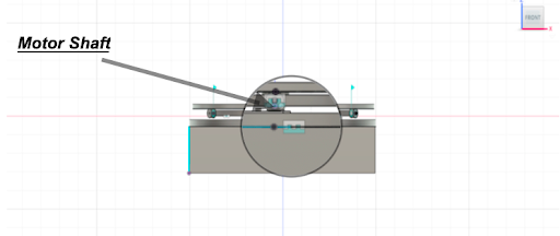 CAD of the base with labeling on the motor shaft connected to the geared motor at the base