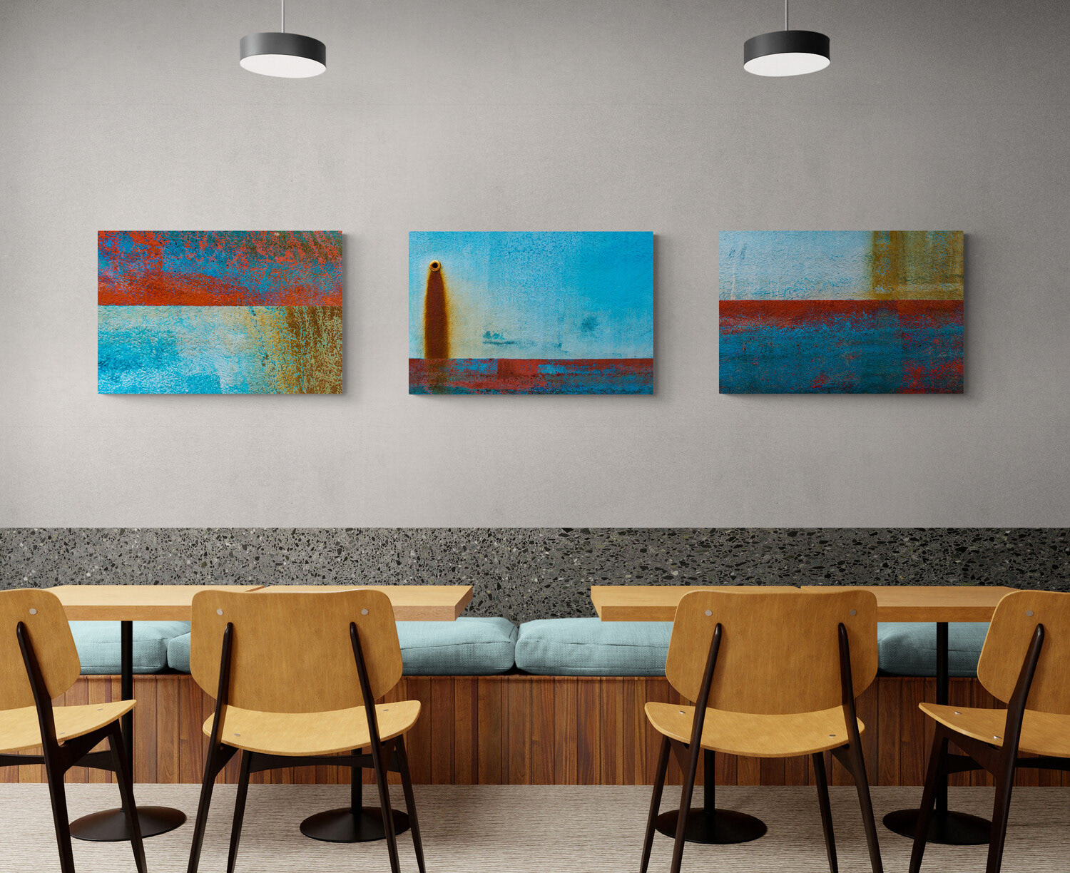 A trio of nautical abstract images decorating the walls of a fish and chips restaurant.