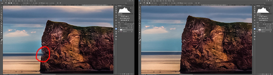 Using the darken layer mode in Photoshop to clean up halos around edges in a landscape image.