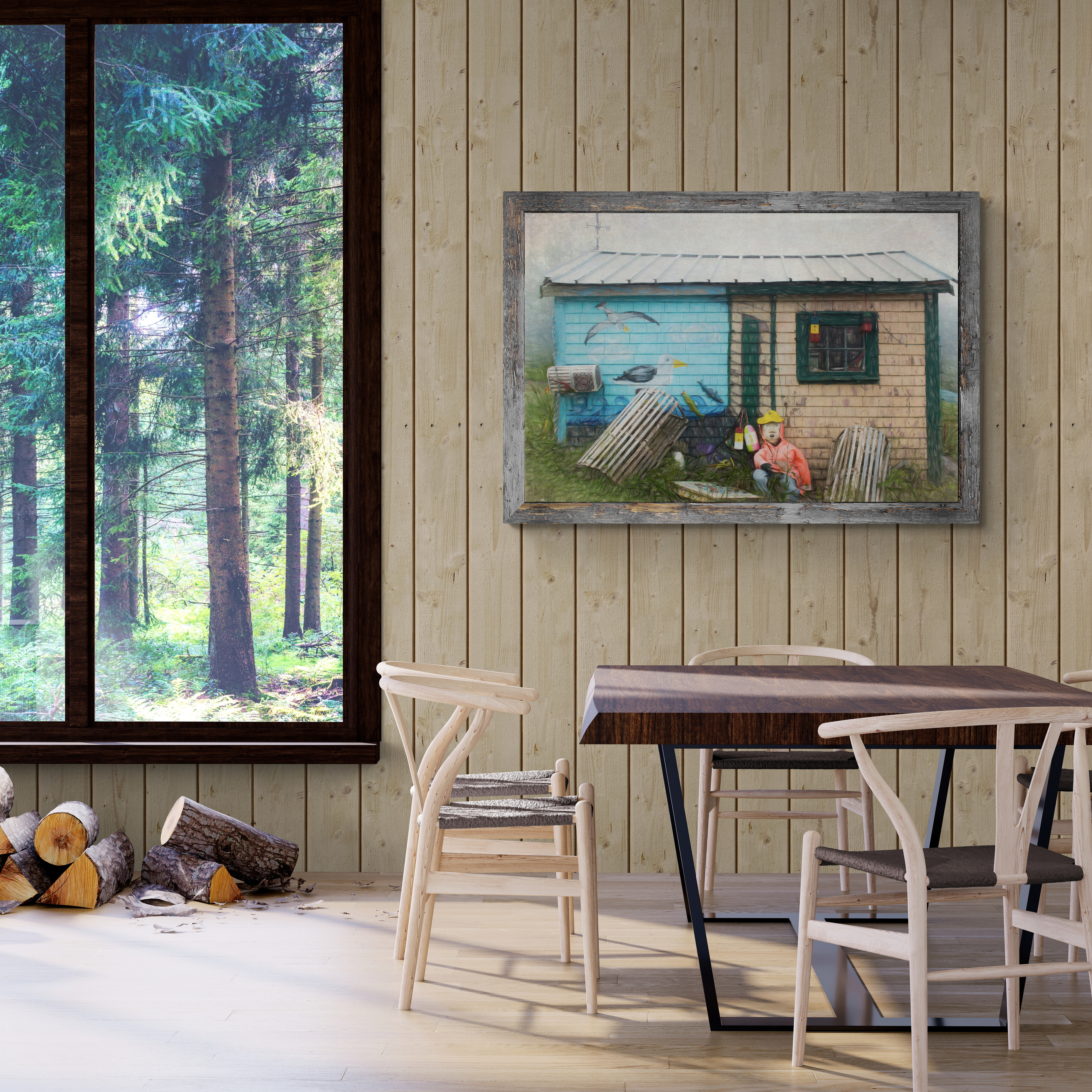 A framed photo of a brightly painted fishing shack decorated with lobster traps and floats, hanging on the wall of a rustic cabin