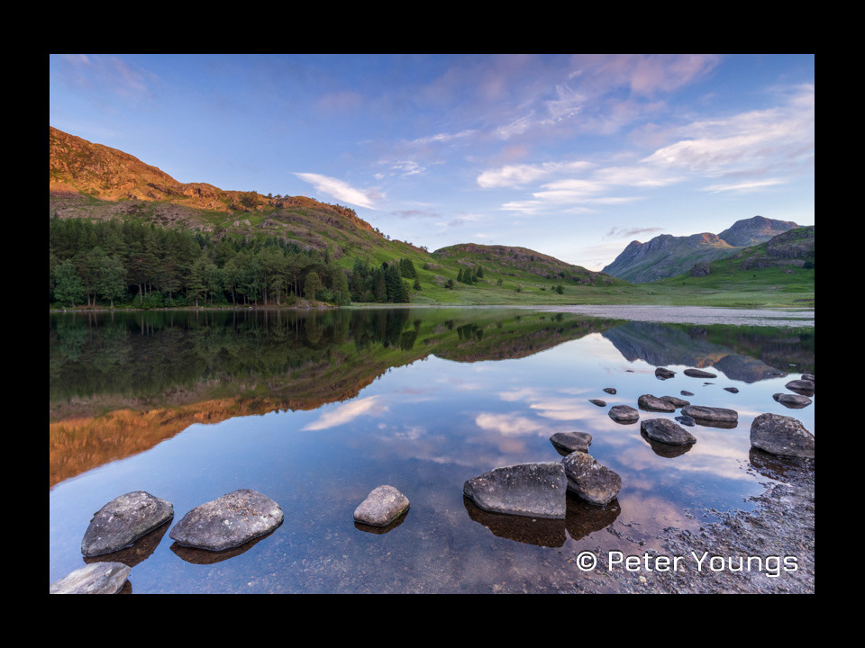 Reflection in a completely still Blea Tarn during the Golden Hour