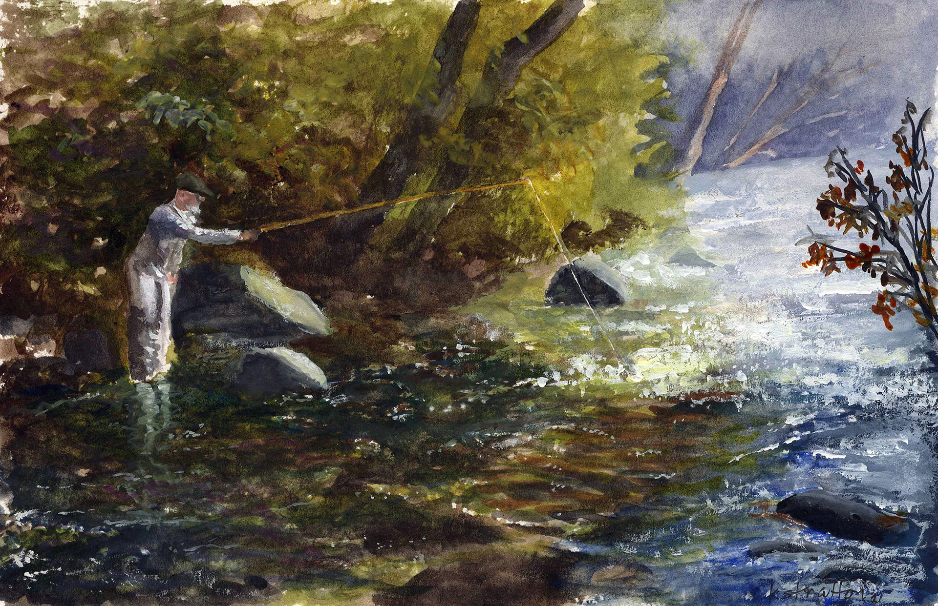 An elderly gentleman angler stands ankle deep at the side of typical mountain trout stream. The faded and dying foliage indicate the approach of the end of the season.